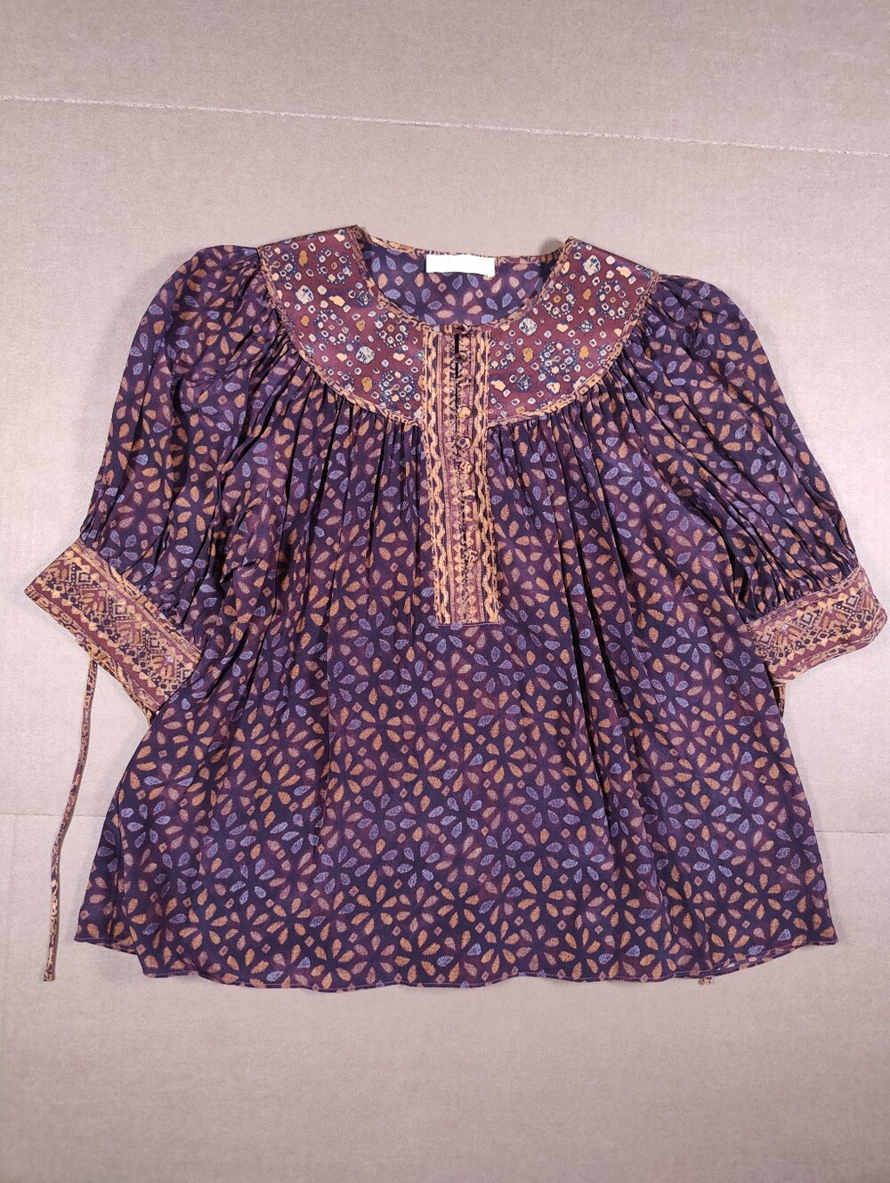Ulla Johnson Dina 100% Silk Brown Shibori Floral Puff Sleeve Blouse Size 6